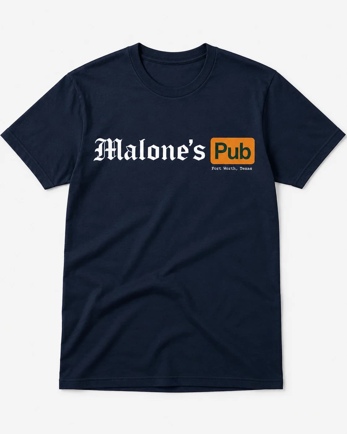Dark blue Malone's Pub logo tee