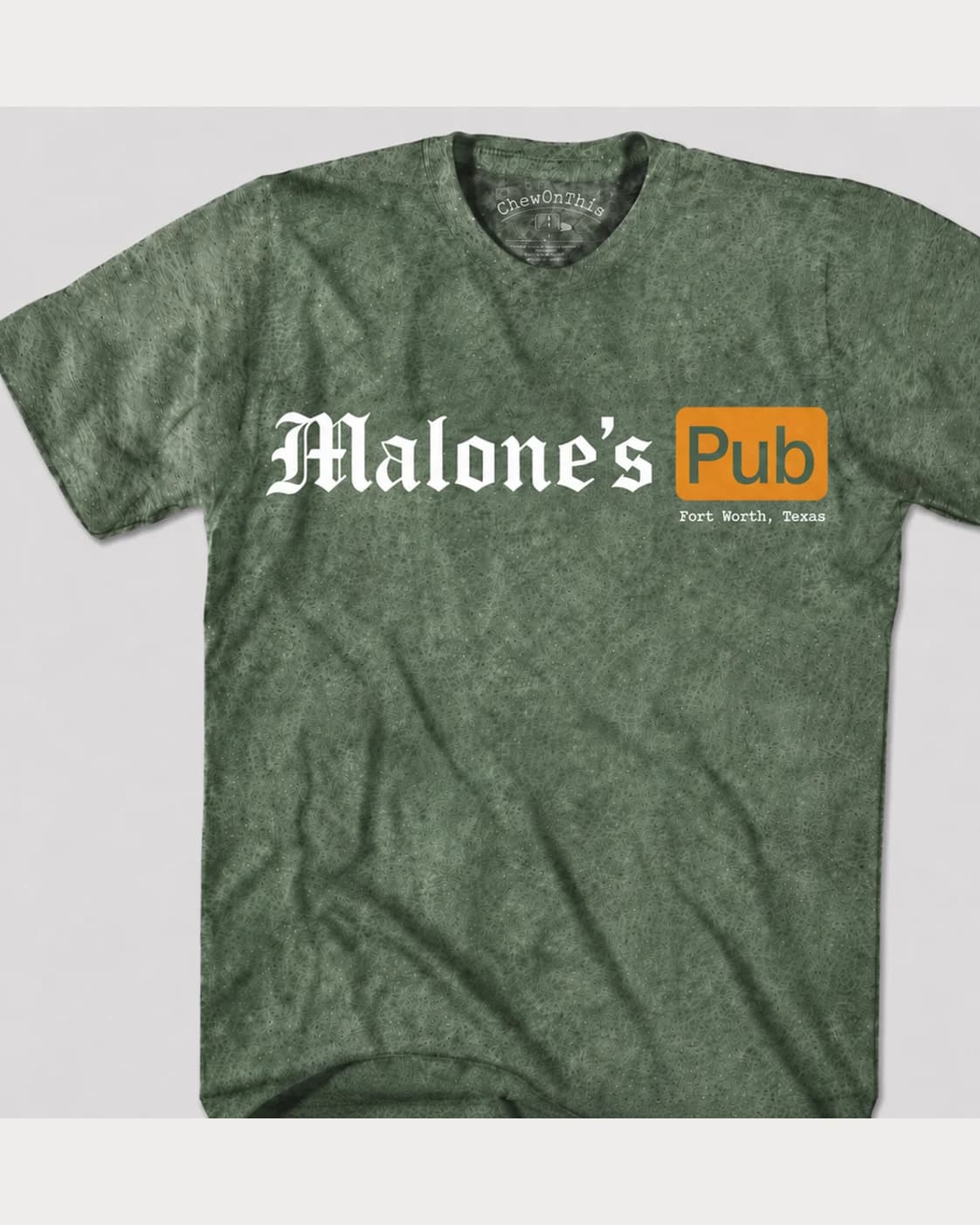 Heather green Malone's Pub logo tee